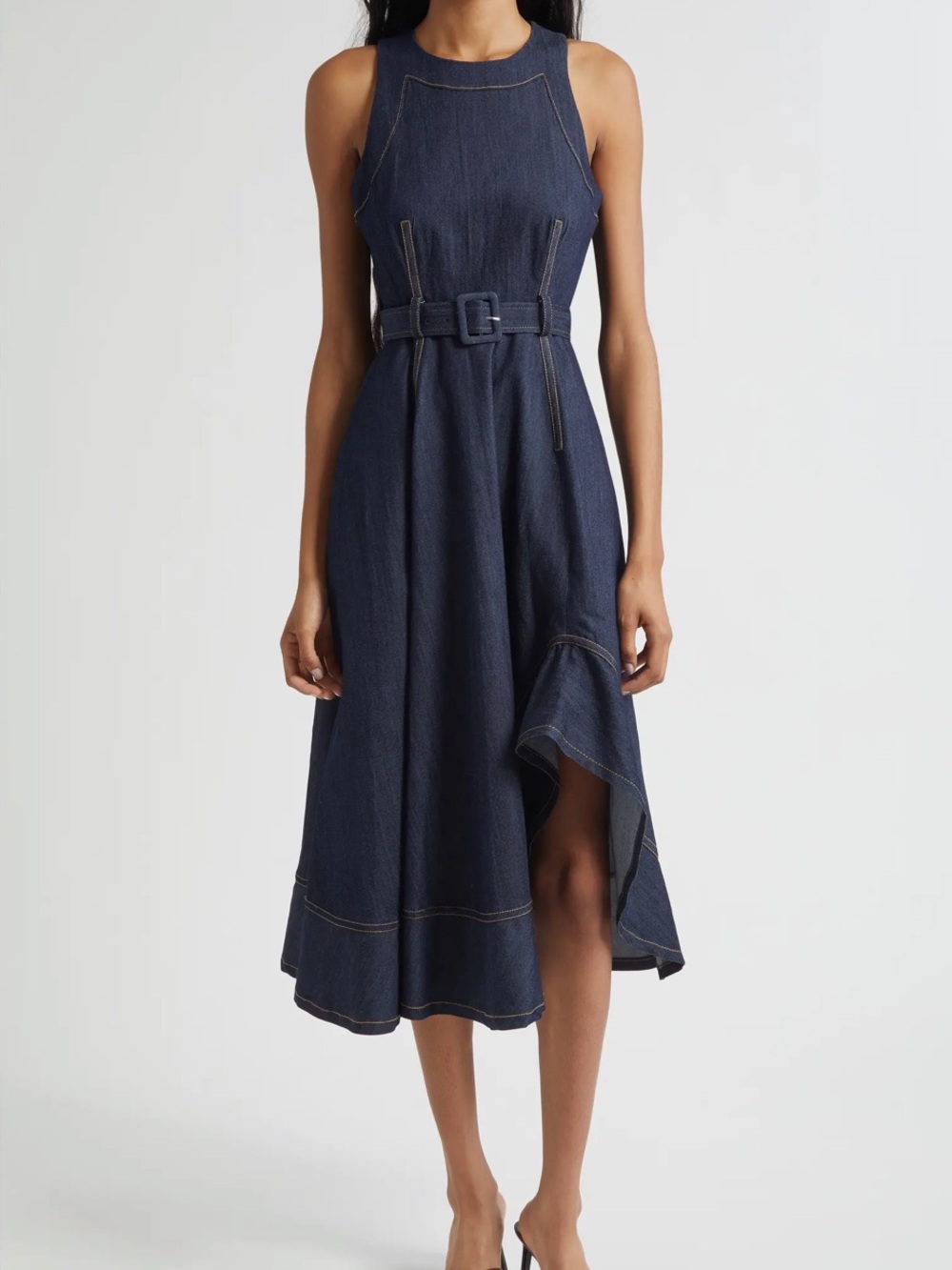 Cinq a Sept Zelda Sleeveless Belted Cotton Blend Denim Dress